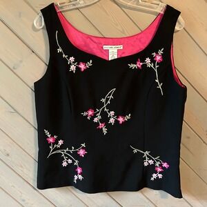 Jillian Jones Womens Black Pink Floral Embroidered Sleeveless Shell Top Size 12